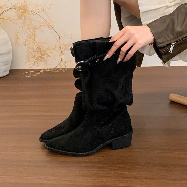 (Sẵn nâu 38) Giày Bốt Cao Bồi Miền Tây Dáng Nhún Cao Đến Giữa Bắp Chân Với Mũi Nhọn Và Gót Dày