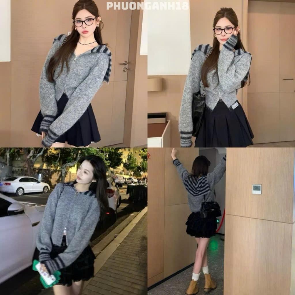 Áo Len kéo khóa cổ khăn thủy thủ kẻ ngang hàng QC A041