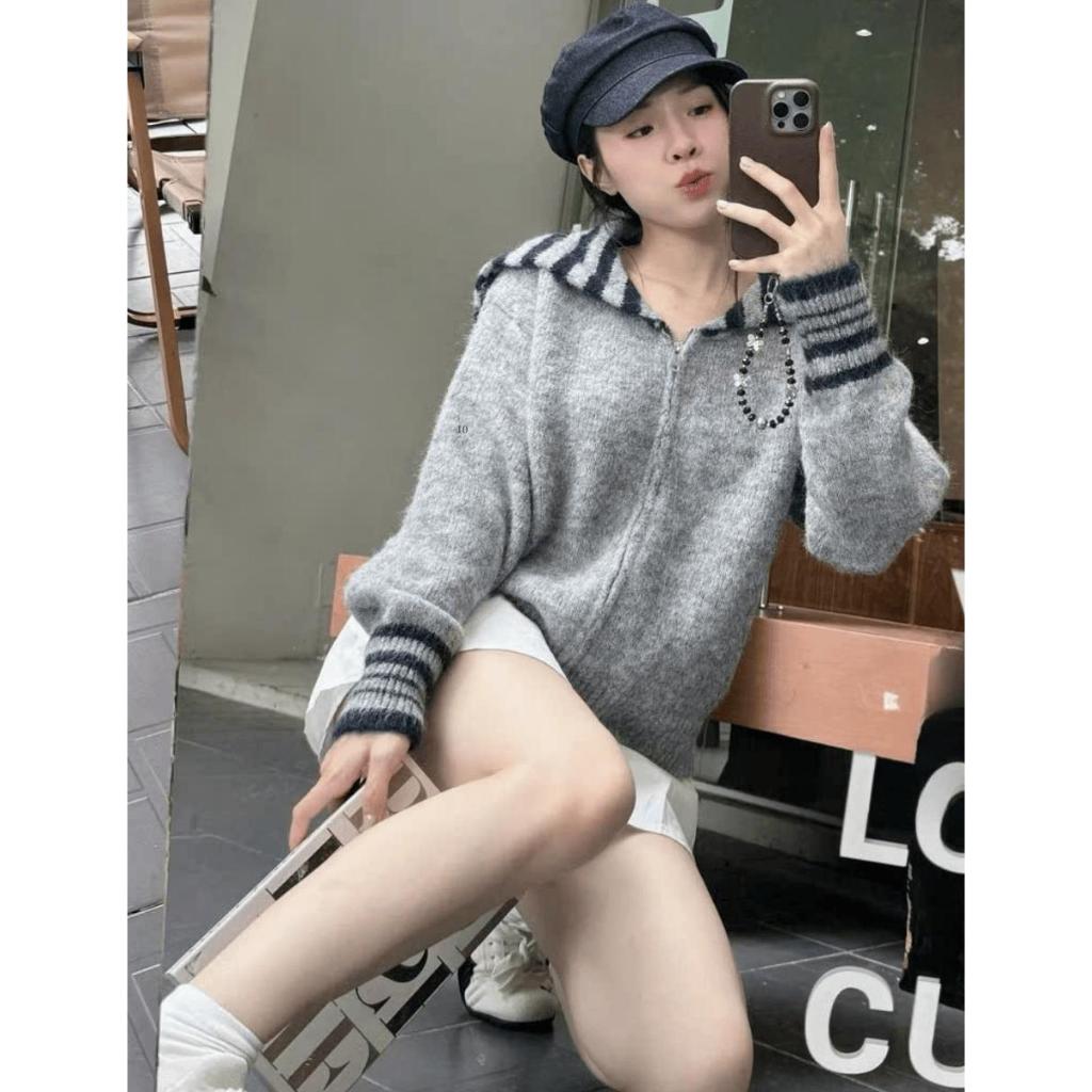 Áo Len kéo khóa cổ khăn thủy thủ kẻ ngang hàng QC A041