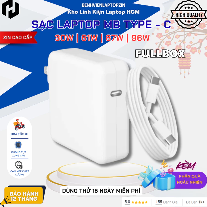 Sạc Laptop TYPE-C, Sạc Laptop MB Zin, 61W/87W/96W , Sạc laptop Pro, Sạc kèm dây cáp, mới 100% BẢO HÀNH LỖI 1 ĐỔI 1