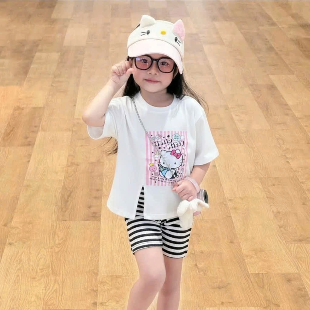Sét bộ cho bé gái quần legging kẻ áo cộc tay in hellokitty chất vải cotton co giãn thoải mái. M57