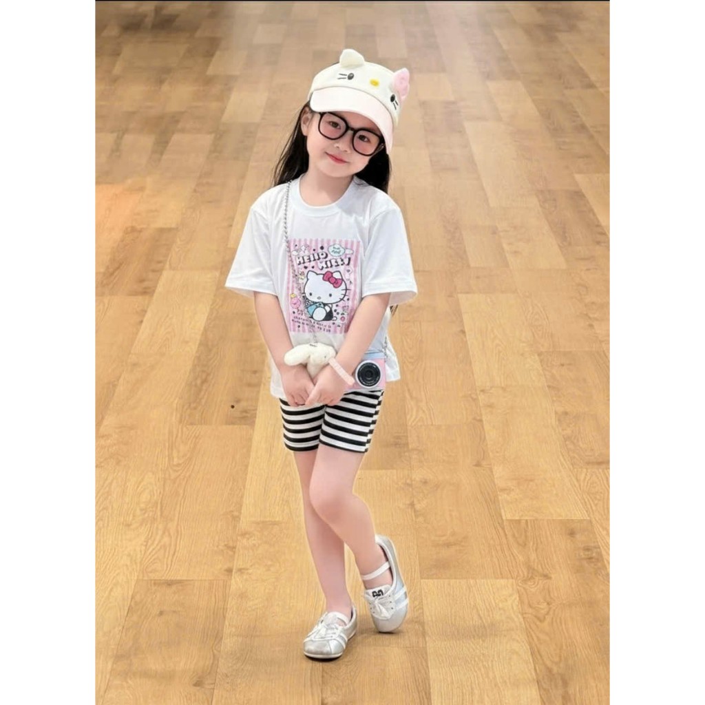 Sét bộ cho bé gái quần legging kẻ áo cộc tay in hellokitty chất vải cotton co giãn thoải mái. M57