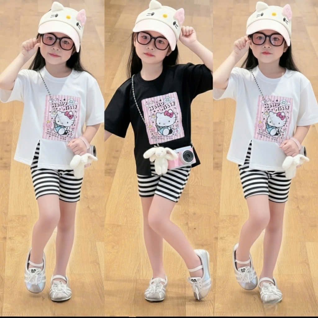Sét bộ cho bé gái quần legging kẻ áo cộc tay in hellokitty chất vải cotton co giãn thoải mái. M57
