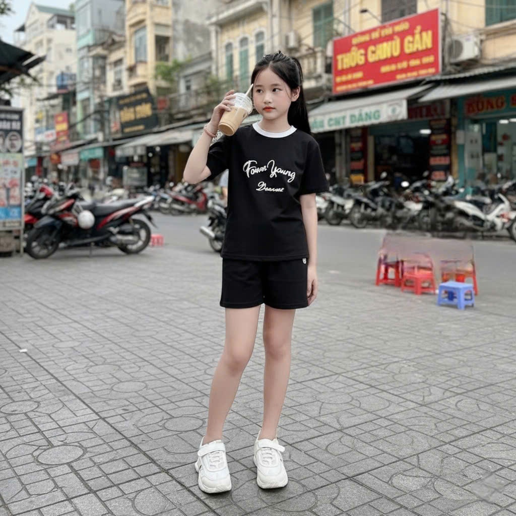 Sét đồ bộ cho bé gái quần áo cộc tay in chữ,chất vải cotton thấm hút mồ hôi co giãn thoải mái.M58