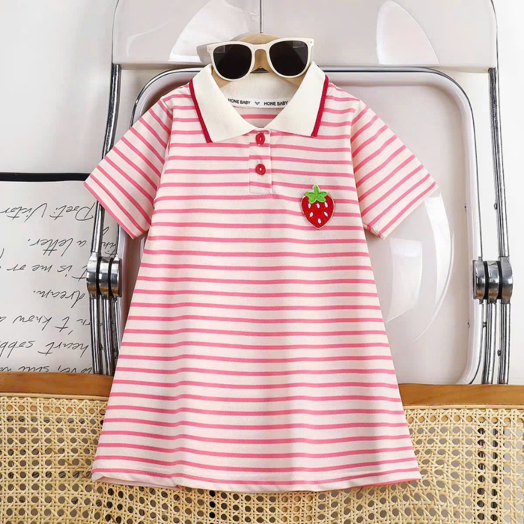 Váy PoLo Dâu Vs Gấu Kẻ Ngang Dễ Thương Cho Bé Gái (9-35kg) Chất Poly Mềm Mịn AH2