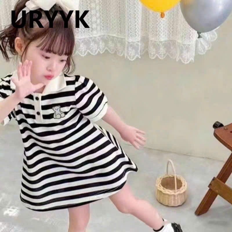 Váy PoLo Dâu Vs Gấu Kẻ Ngang Dễ Thương Cho Bé Gái (9-35kg) Chất Poly Mềm Mịn AH2