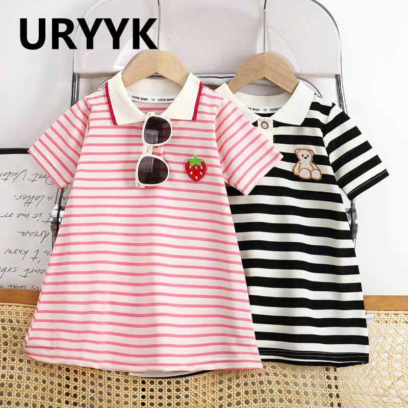 Váy PoLo Dâu Vs Gấu Kẻ Ngang Dễ Thương Cho Bé Gái (9-35kg) Chất Poly Mềm Mịn AH2