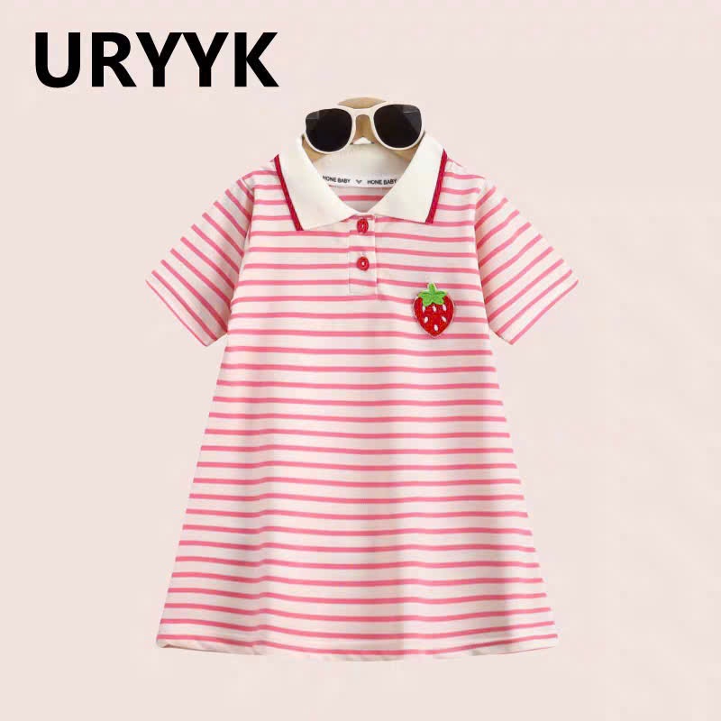 Váy PoLo Dâu Vs Gấu Kẻ Ngang Dễ Thương Cho Bé Gái (9-35kg) Chất Poly Mềm Mịn AH2