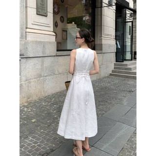 𝗦𝘂𝗻 𝗗𝗿𝗲𝘀𝘀 - | LY LINEN | - Đầm Linen thắt nơ sau nút bọc cộc tay