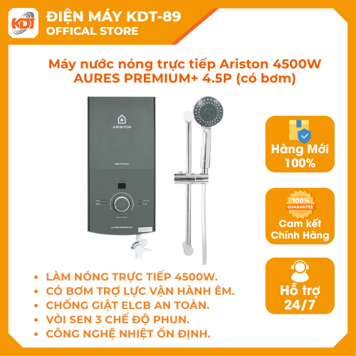 [Hỏa Tốc] [Có dịch vụ lắp đặt] Máy nước nóng Trực tiếp (có bơm) Ariston 4500W AURES PREMIUM+ 4.5P