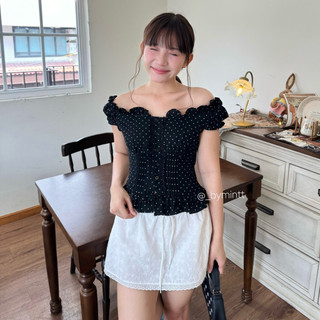 MORINA TOP| Áo trễ vai phối bèo lưng chun co giãn phong cách Hàn Quốc dễ thương, trendy | BYMINTT