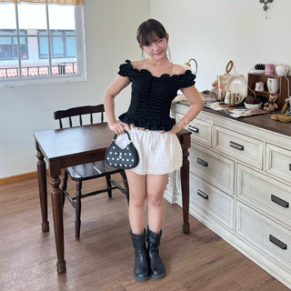 MORINA TOP| Áo trễ vai phối bèo lưng chun co giãn phong cách Hàn Quốc dễ thương, trendy | BYMINTT