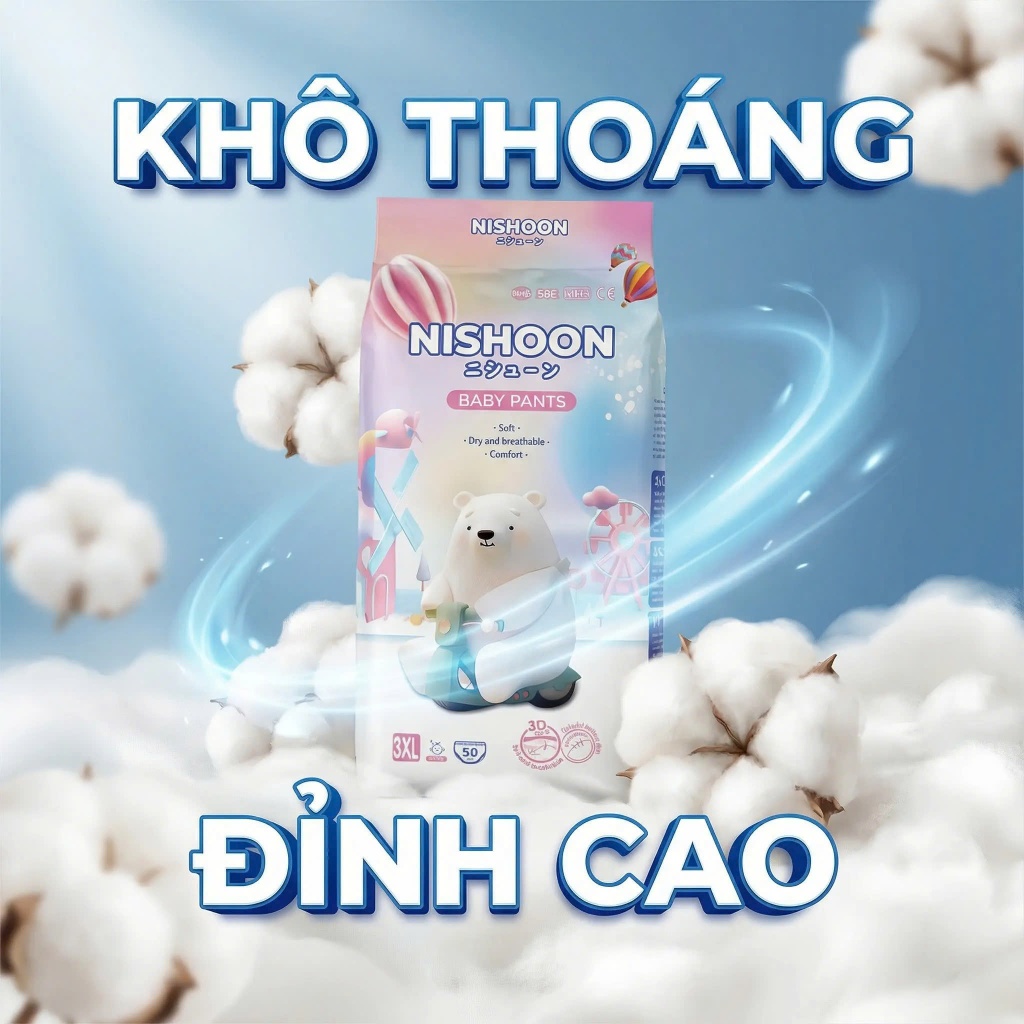 [100 miếng] NISHOON Tã bỉm quần trẻ em Size M/L/XL/2XL/3XL/4XL – Co giãn tốt, siêu mềm, thấm hút