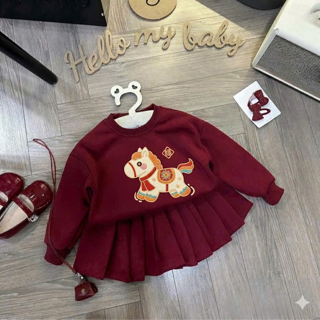 Váy Tết 2026 In Ngựa Đáng Yêu Cho Bé Gái 9-42kg Chất Liệu Da Cá Phong Cách Sang Trọng