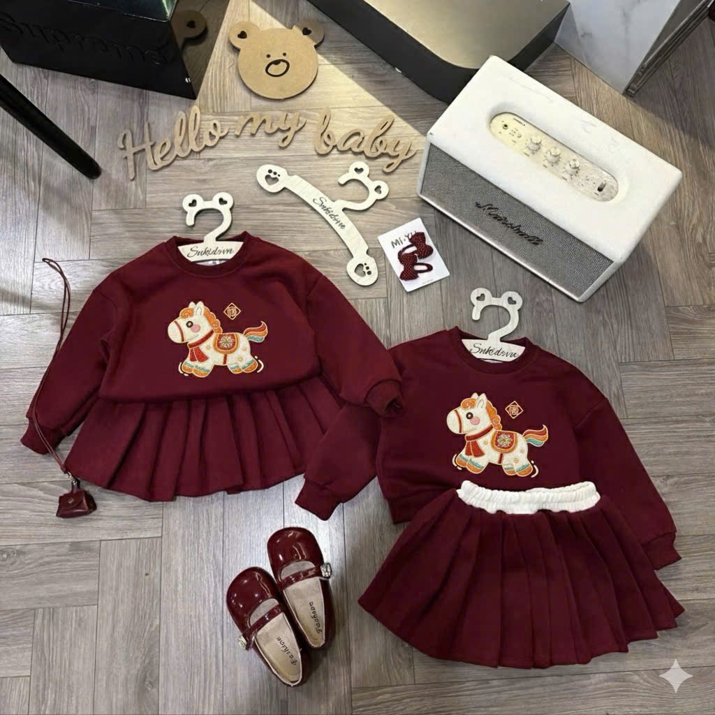 Váy Tết 2026 In Ngựa Đáng Yêu Cho Bé Gái 9-42kg Chất Liệu Da Cá Phong Cách Sang Trọng