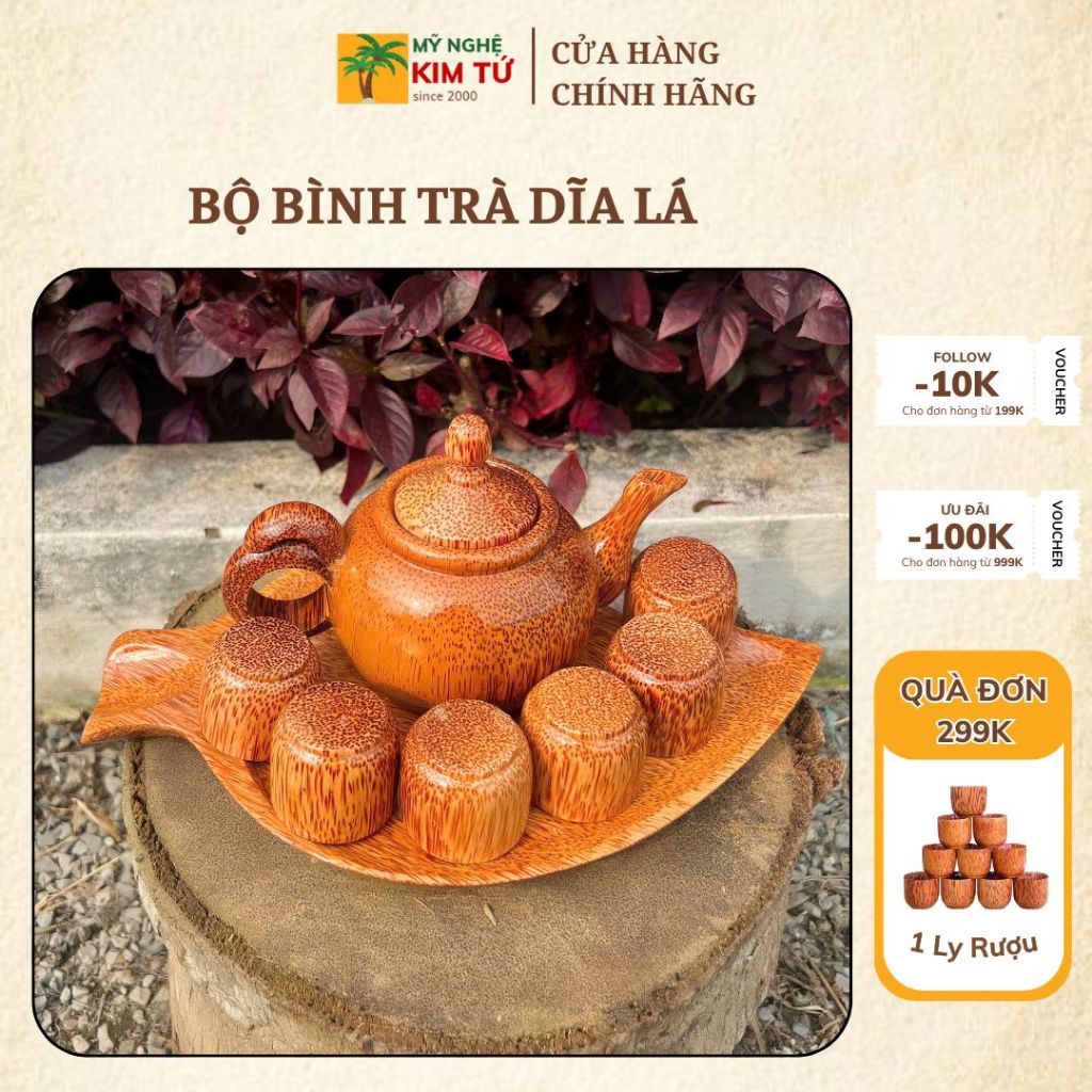 Bộ Bình Trà Gỗ Dừa Dĩa Lá Phù Hợp Trà Đạo, Trang Trí Bàn Trà, Thiết Kế Sang Trọng, Dùng Biếu Tặng Thầy Cô Sếp - KIM TỨ