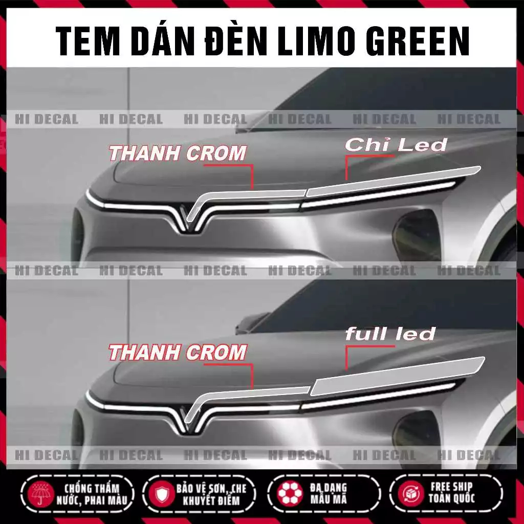 Decal đổi màu đèn Limo Green - tem dán bảo vệ đèn Vinfat Limo Green combo dán đèn + Thanh Crom | Hidecal