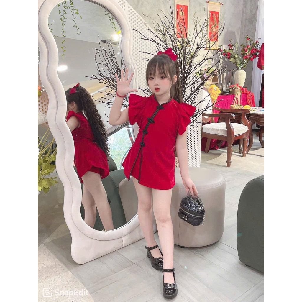 Sét nhung bé gái size đại áo cổ tàu form dài xẻ kèm quần đùi mang tết du xuân,sét đồ đôi cách tân mặc Tết bé gái và mẹ