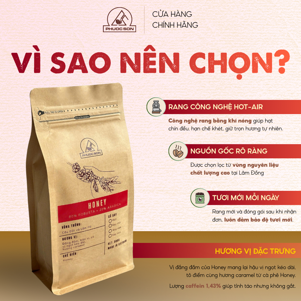 Cà phê Phước Sơn Honey - Cà phê rang xay tự nhiên công nghệ cao từ Lâm Đồng