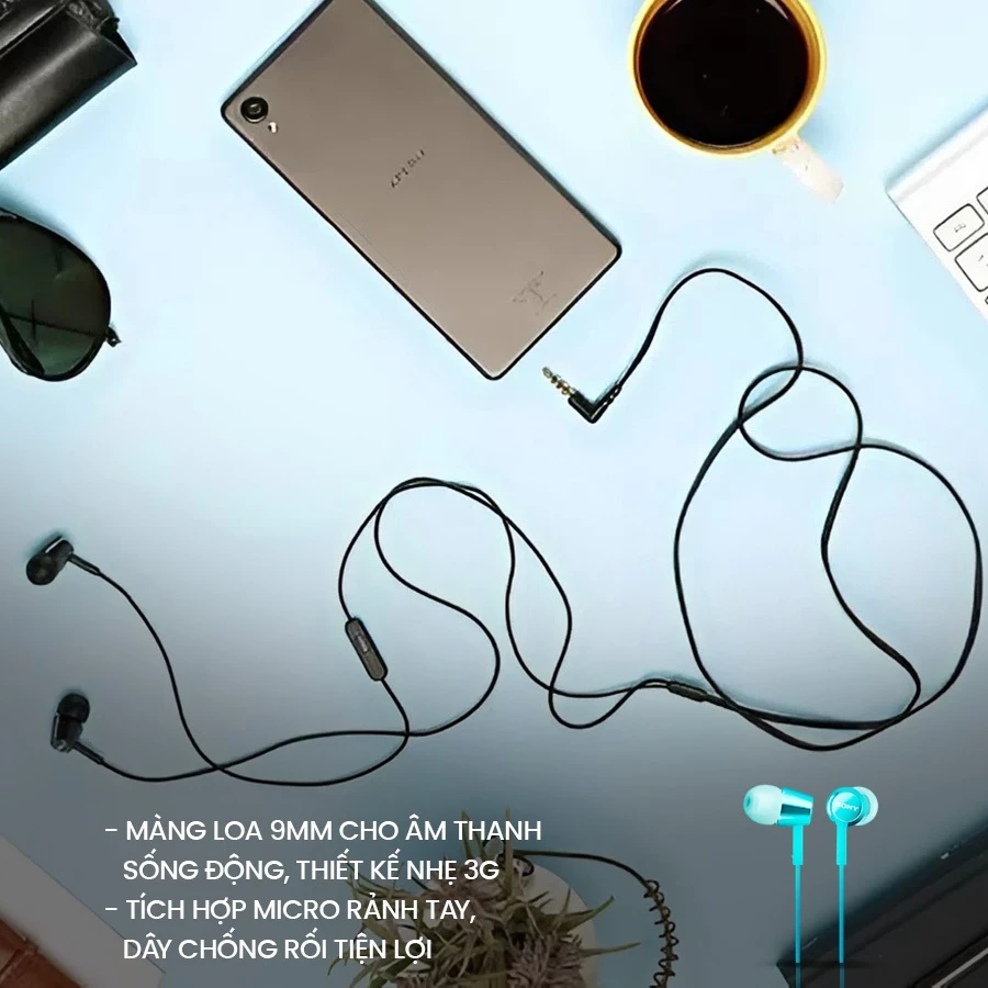 Tai nghe có dây in-ear Sony MDR-EX155AP màng loa 9mm cho âm thanh động, có micro đàm thoại, jack cắm