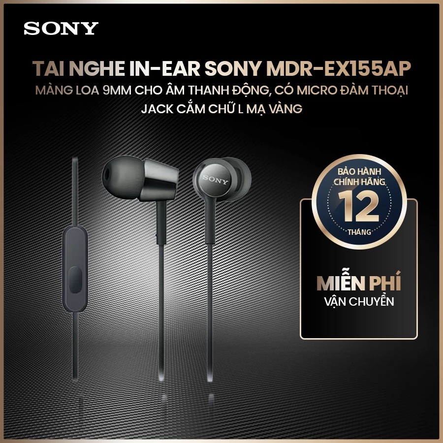 Tai nghe có dây in-ear Sony MDR-EX155AP màng loa 9mm cho âm thanh động, có micro đàm thoại, jack cắm