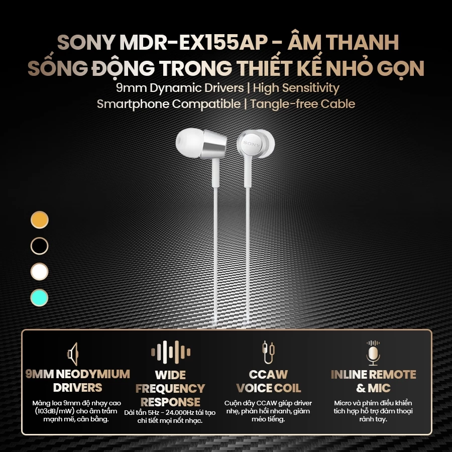Tai nghe có dây in-ear Sony MDR-EX155AP màng loa 9mm cho âm thanh động, có micro đàm thoại, jack cắm