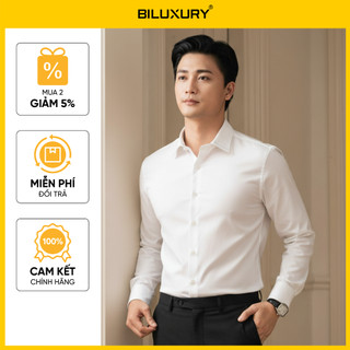 [T7_SALE 20%_HT] Áo Sơ Mi Nam Dài Tay Trắng 9SMDT518TRK Biluxury Form SlimFit Cao Cấp Phối Hoạ Tiết Cổ Áo Chống Nhăn