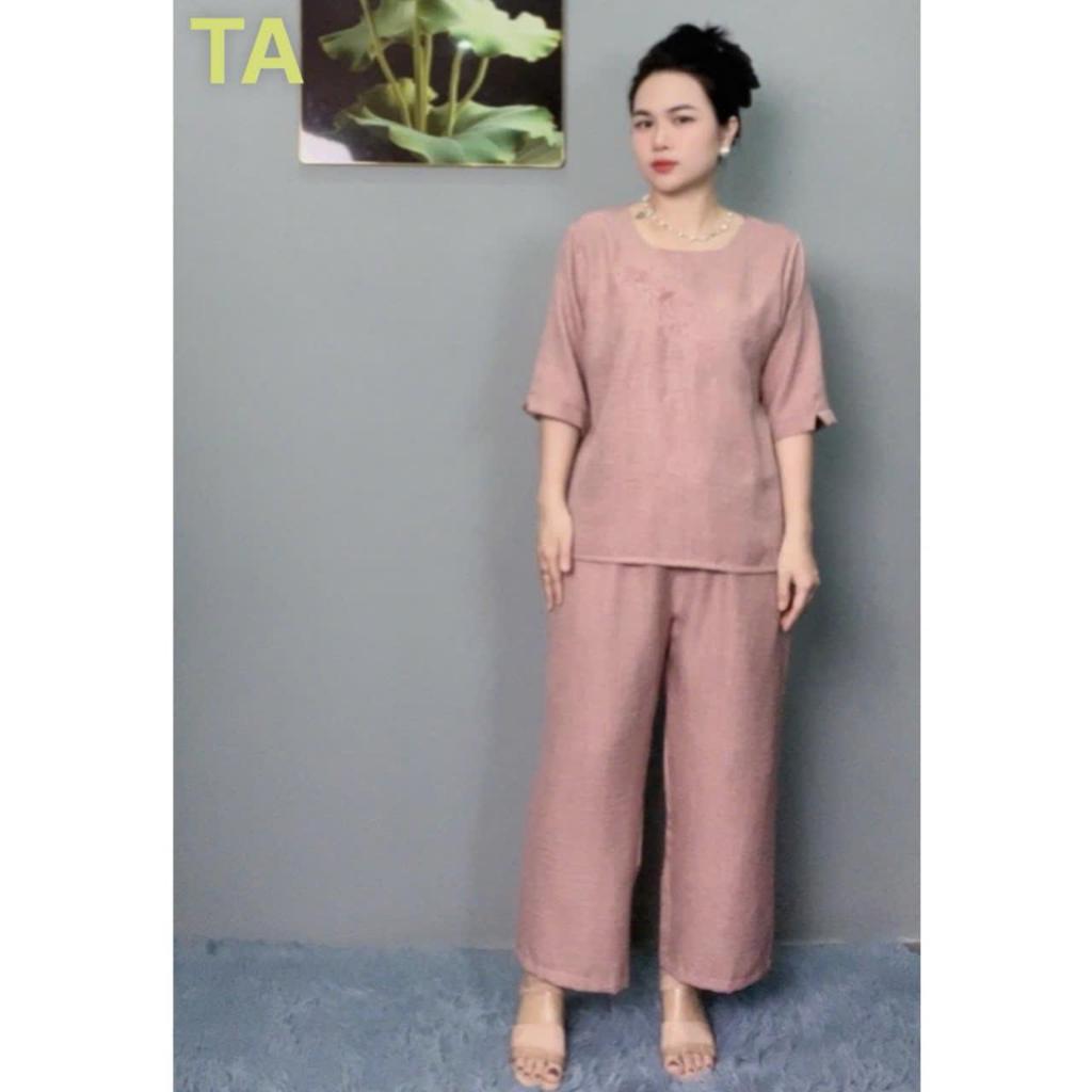 [TA] Đồ Bộ Trung Niên Cổ Tròn Thêu Họa Tiết Tay Lửng Thiết Kế Cao Cấp, Mã TA-17 FREESHIP, Chất Vải Đũi Nhập Khẩu Mềm Mại
