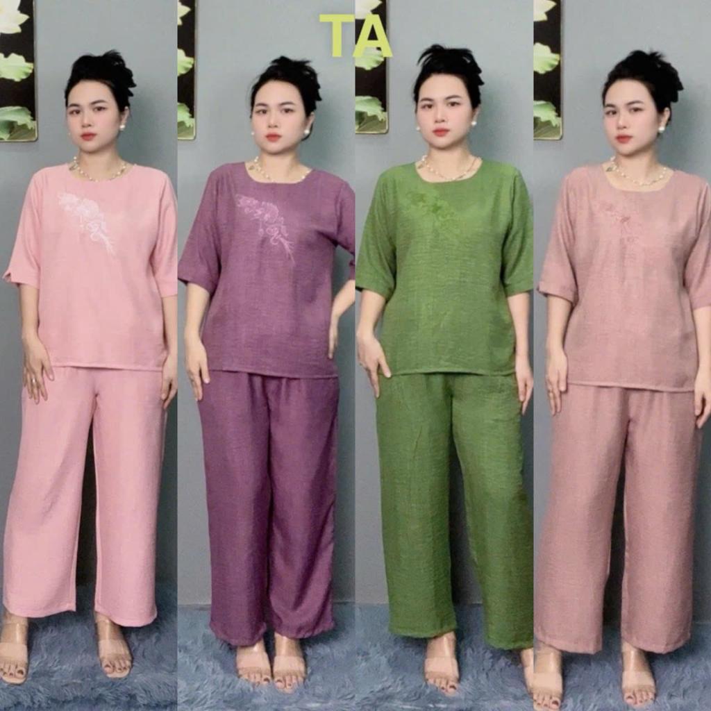 [TA] Đồ Bộ Trung Niên Cổ Tròn Thêu Họa Tiết Tay Lửng Thiết Kế Cao Cấp, Mã TA-17 FREESHIP, Chất Vải Đũi Nhập Khẩu Mềm Mại