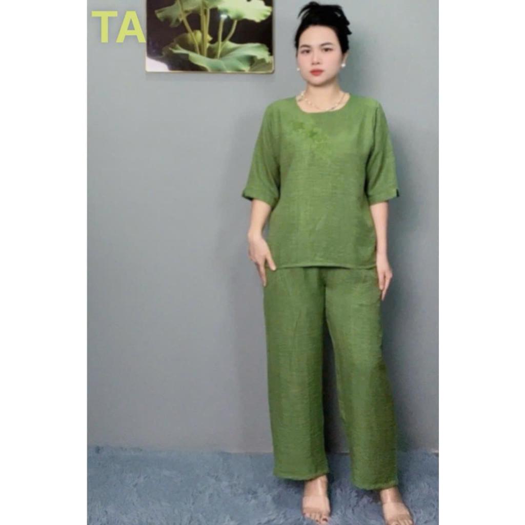 [TA] Đồ Bộ Trung Niên Cổ Tròn Thêu Họa Tiết Tay Lửng Thiết Kế Cao Cấp, Mã TA-17 FREESHIP, Chất Vải Đũi Nhập Khẩu Mềm Mại