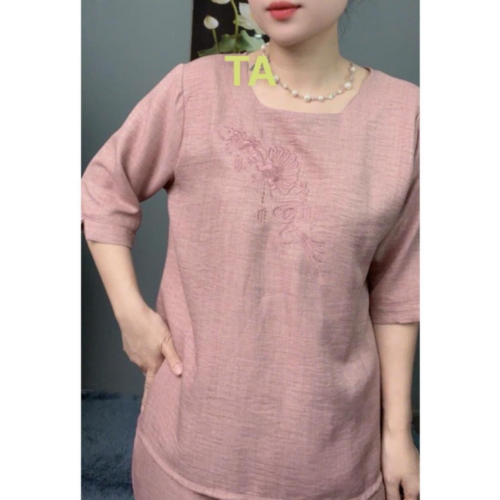 [TA] Đồ Bộ Trung Niên Cổ Tròn Thêu Họa Tiết Tay Lửng Thiết Kế Cao Cấp, Mã TA-17 FREESHIP, Chất Vải Đũi Nhập Khẩu Mềm Mại