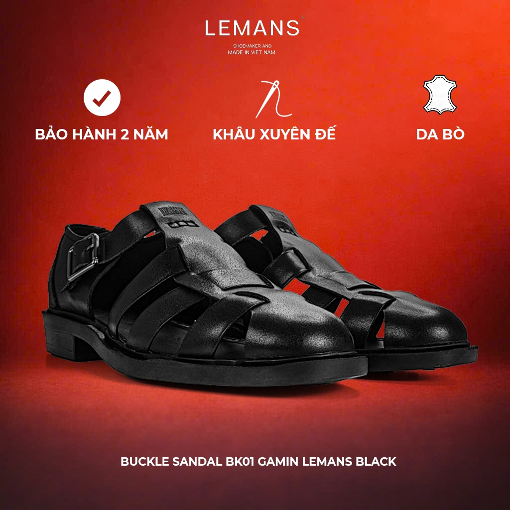 Dép rọ Buckle Sandal nam Lemans - Black - Dép rọ Da bò - đế Mckay cao 2 ...