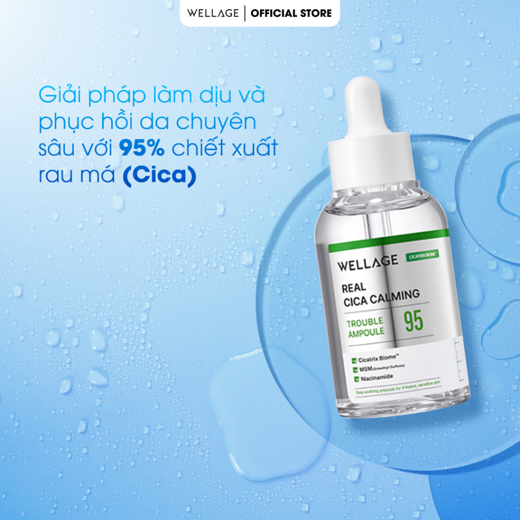 Tinh chất làm dịu da, hỗ trợ da mụn, phục hồi nhạy cảm 95% rau má Wellage Real Cica Calming 95 Trouble Ampoule 50ml