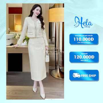 Set Dạ Tweed Gồm Áo Khoác Tay Dài Đính Ngọc 2 Lớp Và Chân Váy Midi Dáng Ôm Xẻ Tà Tinh Tế Màu Kem Cao Cấp MDU5836