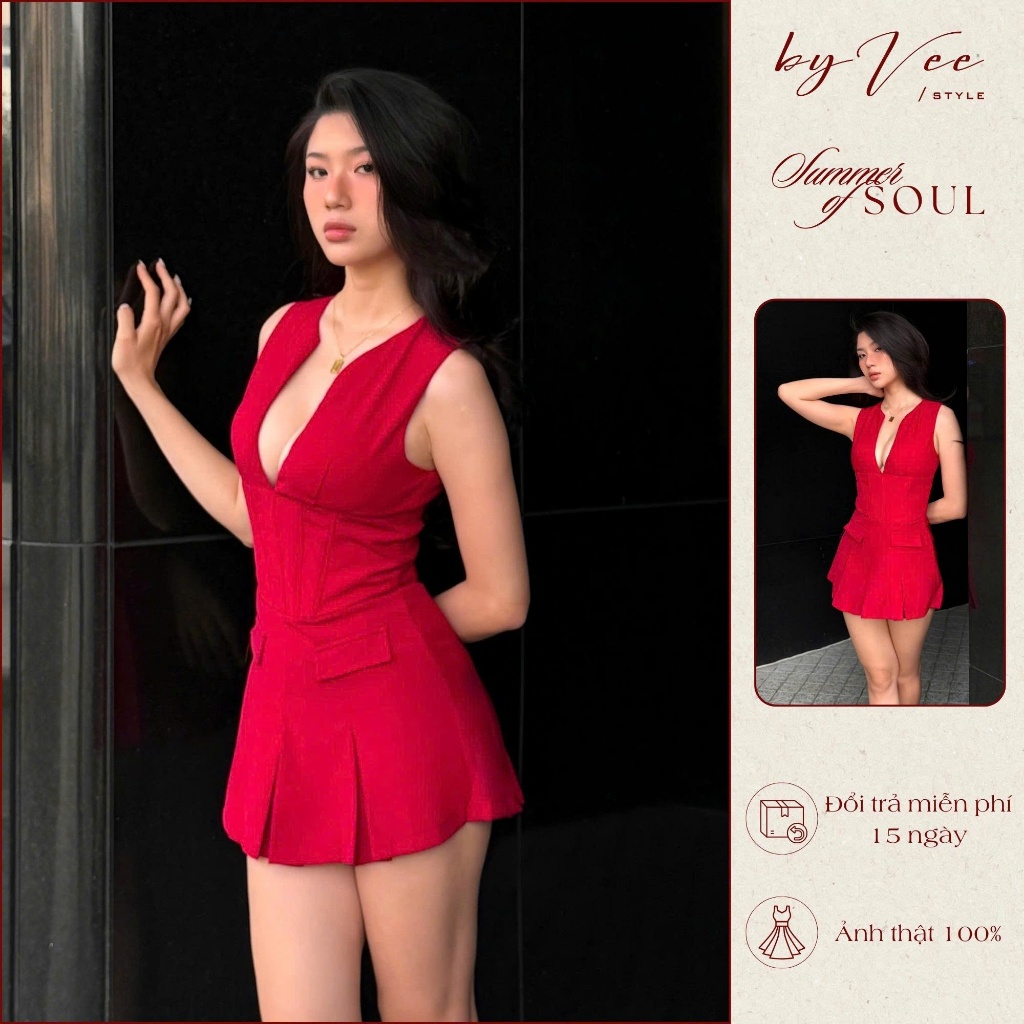 Đầm đỏ Kaki cổ V Red Chic -  Byvee, đầm dáng ôm slay có mút V1 tôn dáng chụp ảnh đi chơi siêu xinh