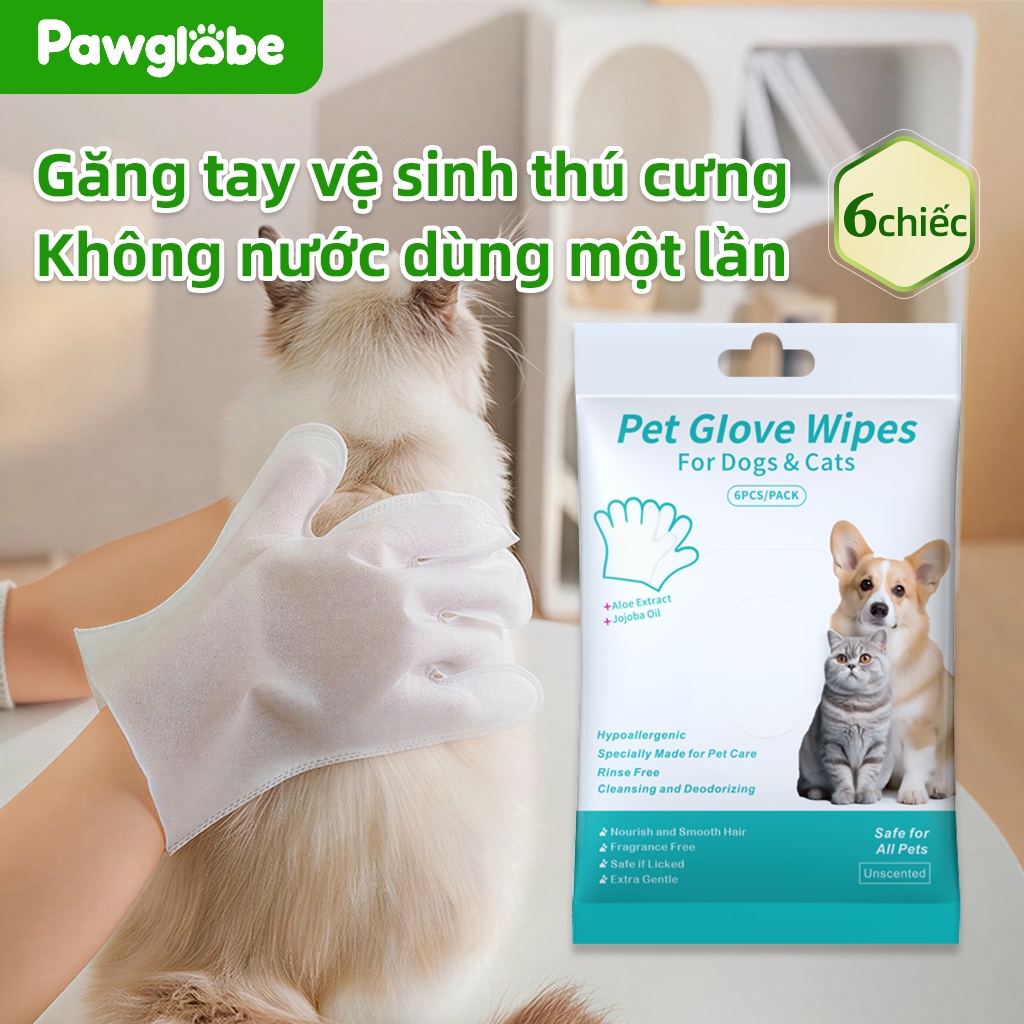 ⭐Paw Globe:đồ dùng cho thú cưng Găng tay vệ sinh thú cưng không nước dùng một lần Loại bỏ mùi Làm Sạch Sâu 6/PCS