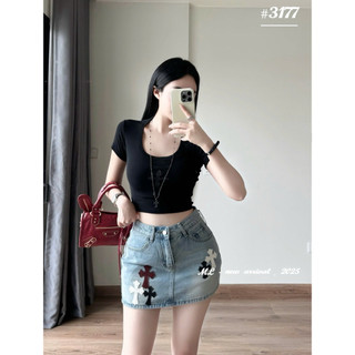 QCL1 3177 Chân váy jeans dáng A đáp chữ thập siêu đẹp