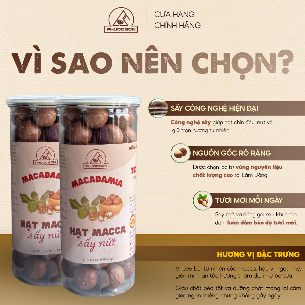 Hạt Macca sấy nứt Phước Sơn Loại 1 - Đặc sản Lâm Đồng hộp 500gr tốt cho sức khỏe, hỗ trợ giảm cân