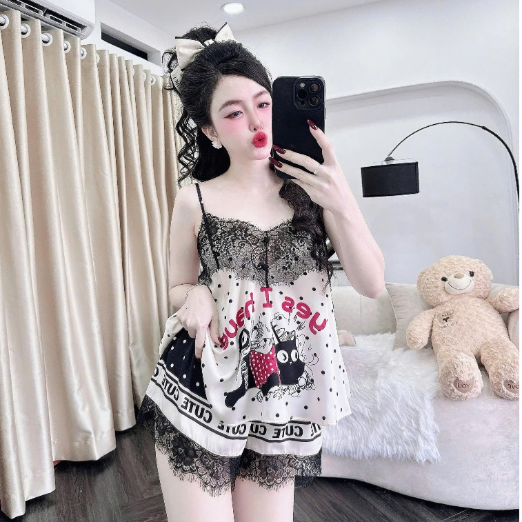 Bộ Sexy SOJUN Lụa latin Đùi Ren Mi Nút Bọc In Hoạt Hình - Ms: 1447- Dưới 65Kg | BigBuy360 - bigbuy360.vn