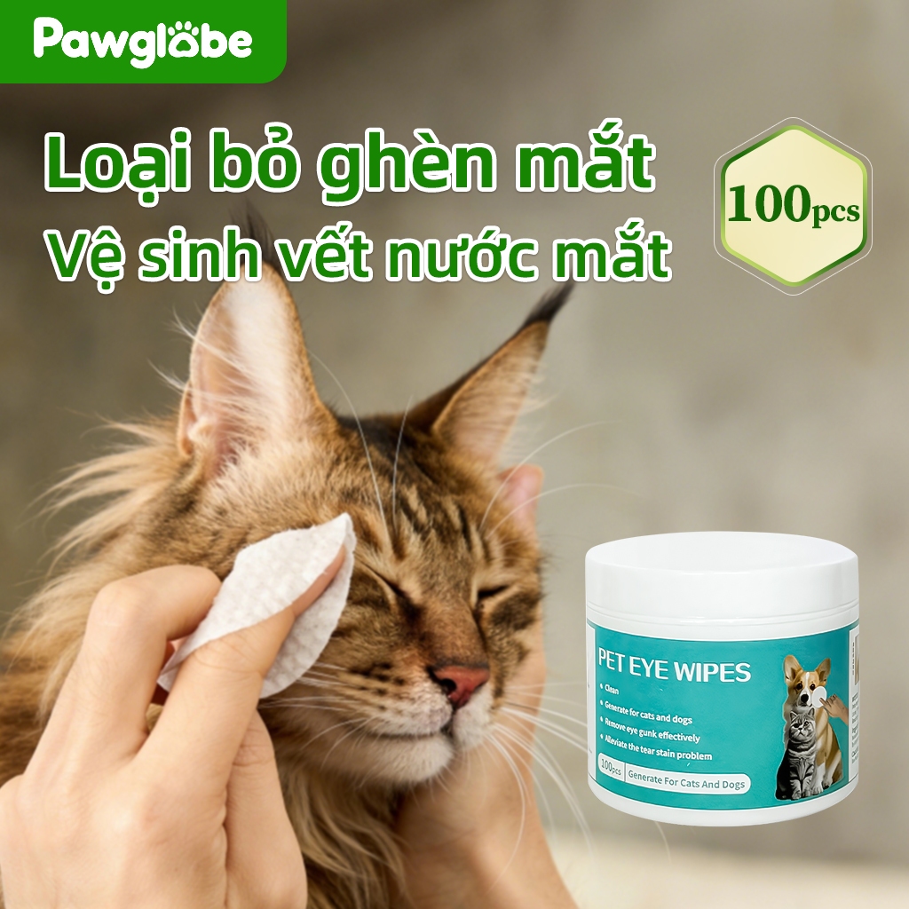 ⭐Paw Globe: Khăn lau mắt thú cưng  100 Miếng Làm sạch mắt Loại bỏ vết bẩn nước mắt Phù hợp cho mèo và chó
