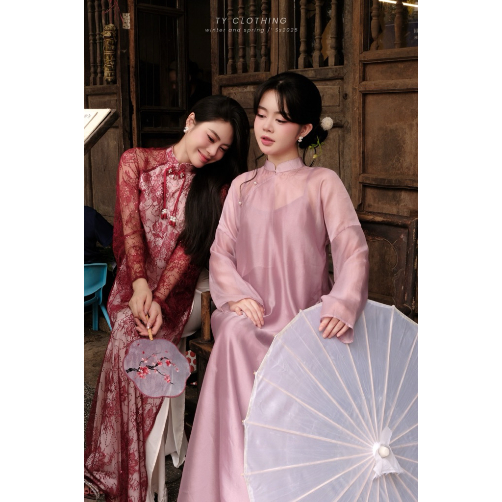 Set Áo Dài Tết 2026 Phối Ren Lưới Kèm Tag Trâm Ngực - Hàng Thiết Kế - Màu Đỏ - TYCLOTHING