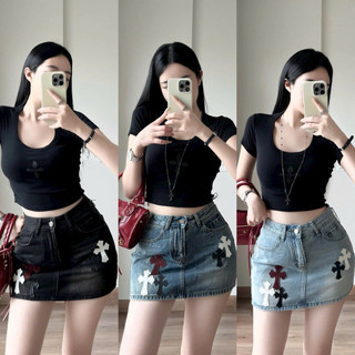 QCL1 3177 Chân váy jeans dáng A đáp chữ thập siêu đẹp