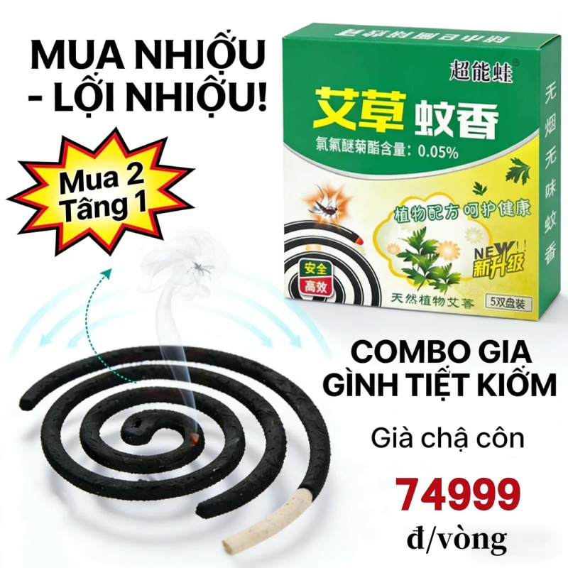 Combo Nhang Muỗi Ngải Cứu Thiên Nhiên - Mua 2 Tặng 1 - Hiệu Quả Gấp Đôi, Ít Khói - Đuổi Muỗi Hiệu Quả ,Chính Hãng