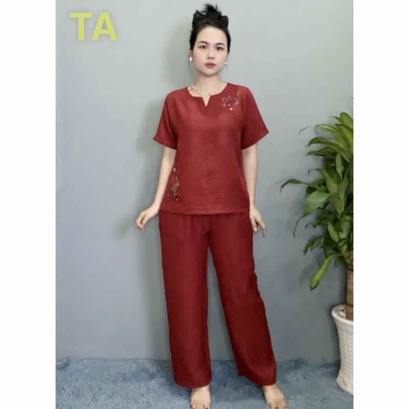[TA] Đồ Bộ Trung Niên Cổ V Thêu Họa Tiết Thiết Kế, Mã TA-15 FREESHIP, Chất Vải Đũi Nhập Khẩu Mềm Mại Co Giãn.