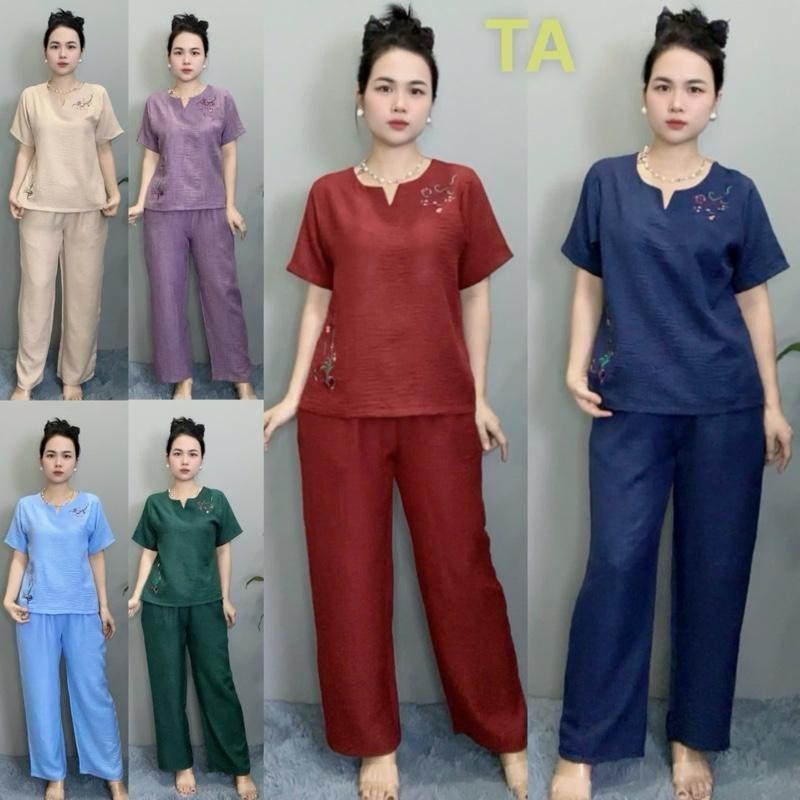 [TA] Đồ Bộ Trung Niên Cổ V Thêu Họa Tiết Thiết Kế, Mã TA-15 FREESHIP, Chất Vải Đũi Nhập Khẩu Mềm Mại Co Giãn.