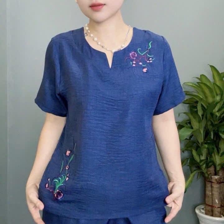 [TA] Đồ Bộ Trung Niên Cổ V Thêu Họa Tiết Thiết Kế, Mã TA-15 FREESHIP, Chất Vải Đũi Nhập Khẩu Mềm Mại Co Giãn.