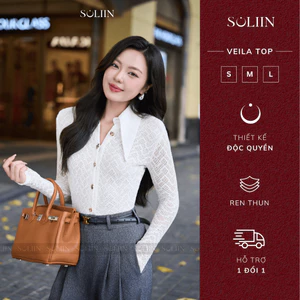 Áo Ren Tay Dài Thiết Kế Cổ Bẻ SOLLIN Trắng/Đen Phong Cách Công Sở Thanh Lịch VEILA TOP