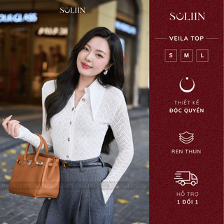 Áo Ren Tay Dài Thiết Kế Cổ Bẻ SOLLIN Trắng/Đen Phong Cách Công Sở Thanh Lịch VEILA TOP