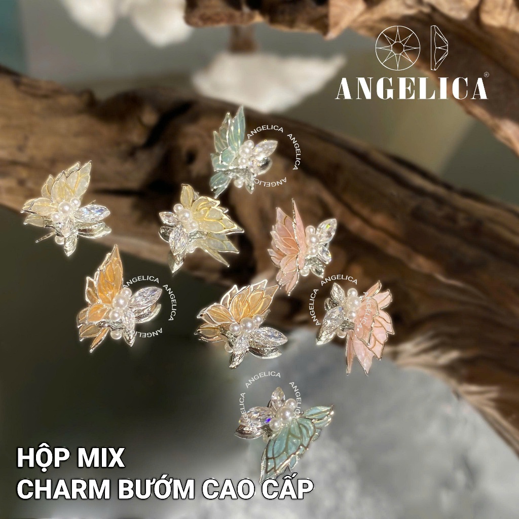Hộp Đá Charm Trái Tim , Bướm Mix Cao Cấp Siêu Sáng Angelica - Trang Trí Nail