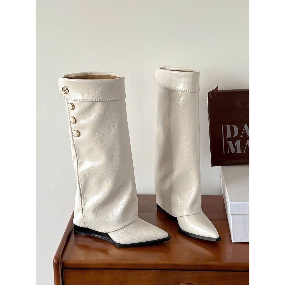 (Sẵn trắng 36,37 kaki 39) Giày Bốt Cao Đến Đầu Gối Thời Trang Hàn Quốc Phong Cách Retro Năm 2025